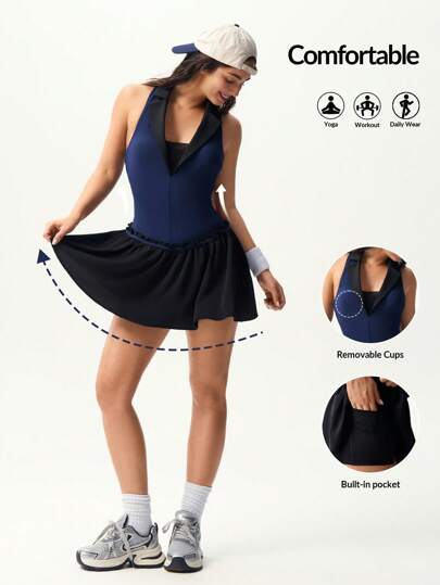 VARSIVA Women's Knitted Tennis Dress With Built-In Shorts, Sleeveless Lapel Collar Athletic Dress, Multicolor Short Dress With Pockets For Active Women