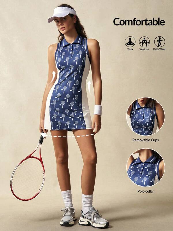 VARSITIE Rochie sport, fără mâneci, cu rachetă de tenis, imprimeu, culoare contrastantă, vară