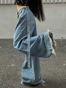 DAZY Women's Loose Fit Wide Leg Long Washed Frayed Hem Jeans - Medium Wash - View 6