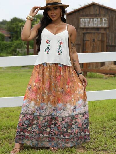 LanaWest 2 Pieces Plus Size Women's Outfit, Casual Chinese Style Vacation Wear, Suitable For Party, Gathering, Street, St. Patrick's Day, Easter, Valentine's Day, Christmas, Thanksgiving, Comfortable, Versatile, Fashionable, Spring/Summer