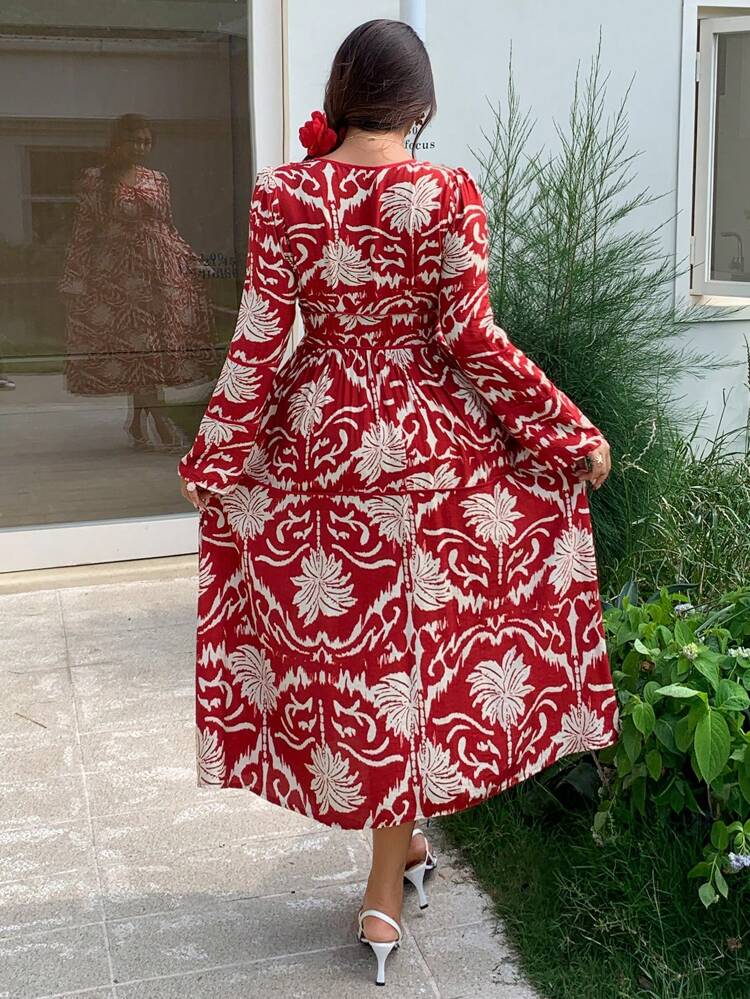 Dazy Plus Plus Size Floral All-Over Print Bodycon Dress, Vacation Style, Red Color, Fall Dress Long Sleeve Dress Boho