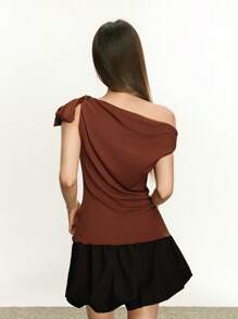 Rina Fox 美式复古性感淑女纯色不对称领口褶饰修身衬衫