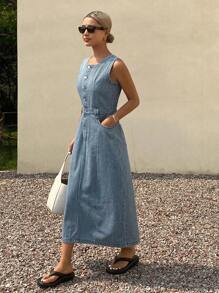 DAZY Western Style Round Neck Striped Sleeveless Women Denim Dress, Summer Vacation Outfits Women - Medium Wash - View 3