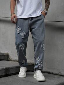 Manfinity Hypemode Men's Casual Washed Cross Patch Denim Jeans, Ripped Baggy Jeans Men, Loose Jeans Pants For Men, Manfinity Legnd Men Cotton Splash Ink Ripped Jeans