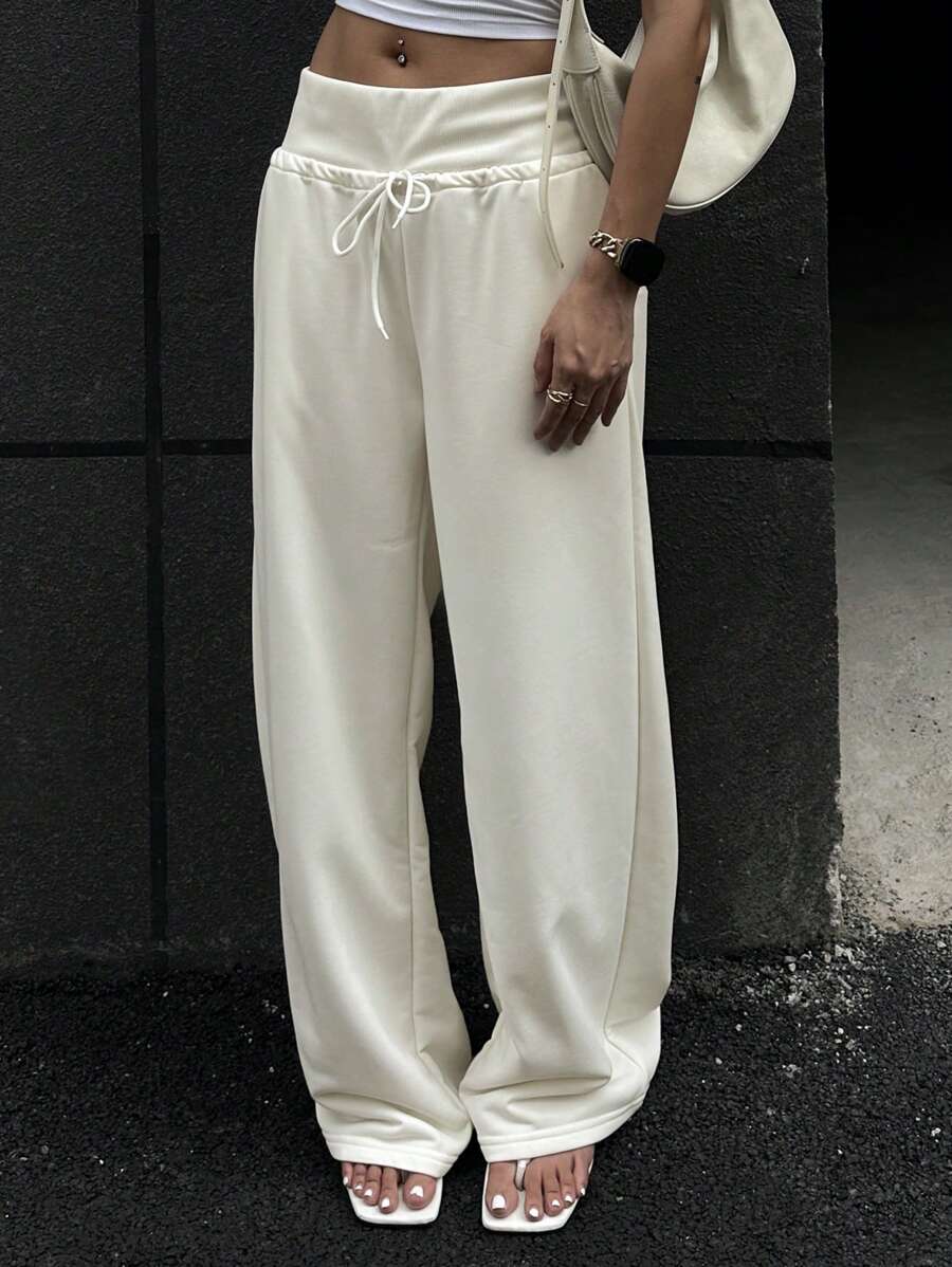 DAZY 女式纯色宽松抽绳腰休闲运动运动裤，夏季女式慢跑裤 - 白色 - 查看 1
