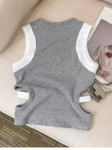 Airaco 女式夏季休闲拼色镂空无袖上衣 - 灰色 - 查看 2