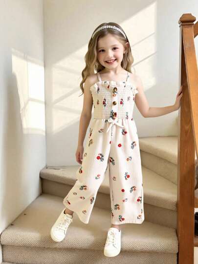 Elladie kids Young Girls Wave Stripe & Floral Print Sleeveless Jumpsuit With Tie Waist, Casual Holiday/Daily Wear Summer Holiday