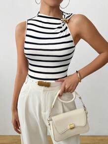 Selianne 女式修身时尚条纹金属装饰背心，夏季 - 黑與白 - 查看 3