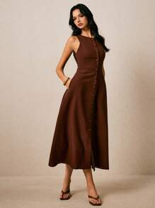 Poéselle Women's Round Neck, Single-Breasted, Sleeveless, Brown  Dress - Brown - View 3