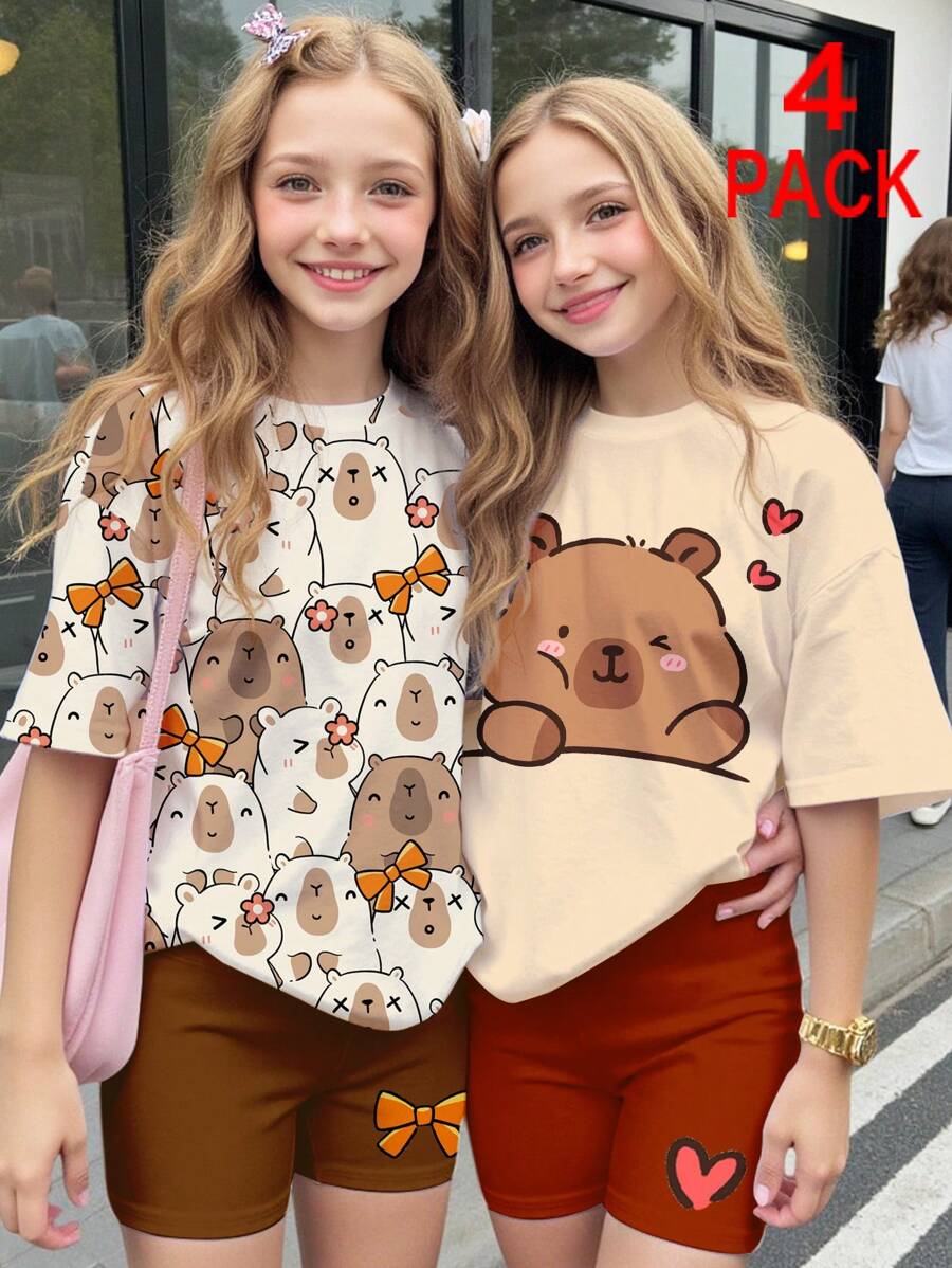 SHEIN Leap Crew 4件套可爱动漫水豚爱心印花、水豚蝴蝶结花卉印花少女休闲宽松短袖T恤和打底裤套装,适合夏季穿着 - 彩色 - 查看 1