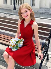 SHEIN Serisse Kids Tween Girls' Solid Color V-Neck Sleeveless Waist-Cinched A-Line Dress - Red - View 6