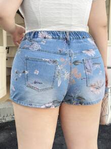 SHEIN ICON 夏季大码女式街头风印花牛仔短裤 - 中等水洗藍 - 查看 6