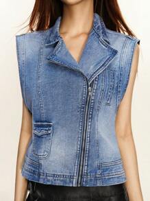 INAWLY Women's Retro Denim Zip Front Vest Jacket - Dark Wash - View 6