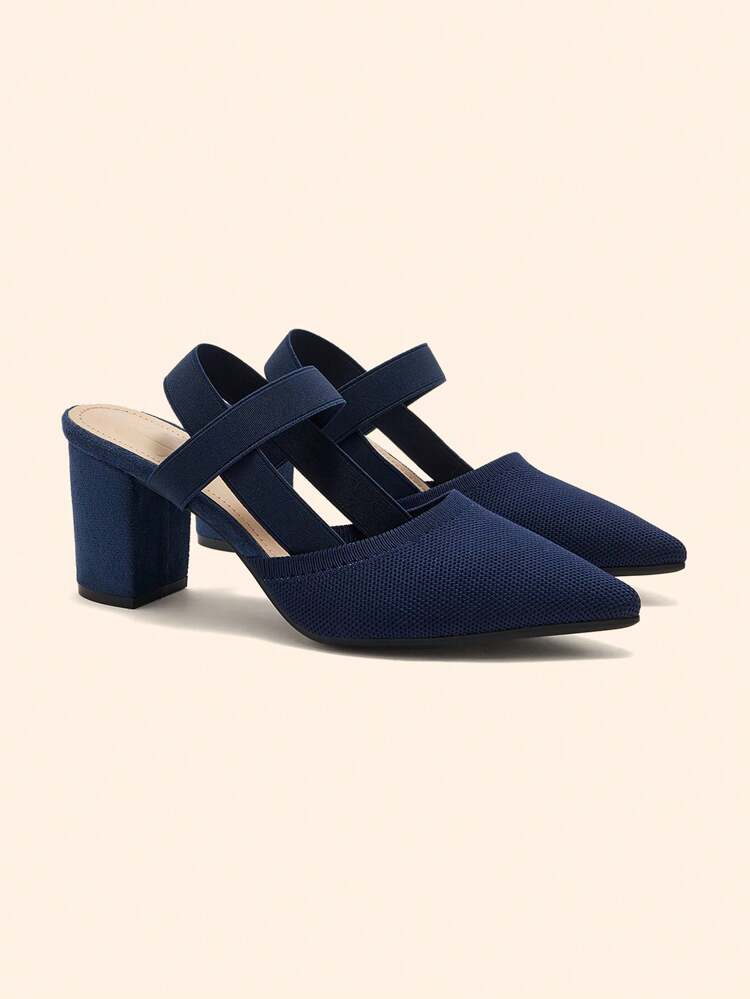 CUCCOO BASICS Women's Fashion Navy Blue Elastic Fabric Comfortable Chunky Heel Pointed Toe Slip-On Pumps For Christmas Spring Shoes