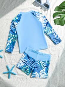 男童热带植物印花插肩袖上衣和短裤两件套泳衣，丝网印花设计 - 青檸色 - 查看 3