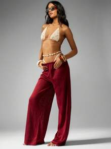 MISSGUIDED Wide Leg Velvet Pants Beach Resort Lounge Wear Festival Bohemian Casual Summer Fall Bottoms Pants Music Venue Cruise Vacation Christmas - Burgundy - View 4