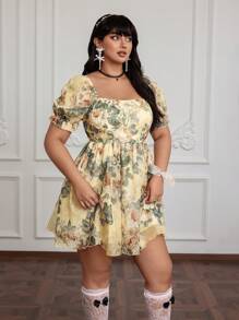 Flirla Plus Size Women Vintage Floral Print Puff Sleeve Mesh Overlay Dress