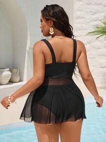 Swim Lushoire Plus Size Women's Mature Elegant Casual Beach Holiday Black Shell V-Neck Crisscross Strap Mesh Skirt 2 Pieces Tankini Swimsuit