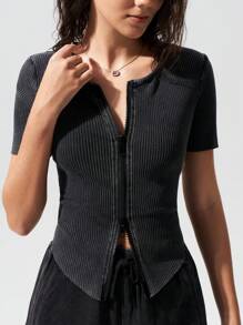 Menodora SHEIN Sport Cloudkiss 95%Cotton Women's Casual Knit Front Zip Short Sleeve Fitted T-Shirt - Dark Grey - View 5