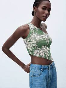 Maija 2025 Summer New Sage Green Tropical Rainforest Coconut Tree Print Asymmetrical Cutout Collar Casual Sleeveless Top For Women,Boho Vacation Holiday - Multicolor - View 5