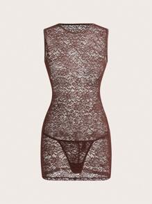 SHEIN 女士蕾丝纯色无袖圆领性感睡衣 - 棕色 - 查看 1