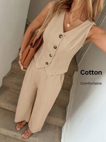 Easowa V 领不对称下摆纽扣前开无袖衬衫上衣和拉链门襟斜口袋直筒裤棉麻休闲度假优雅女士两件套 - 駝色 - 查看 1
