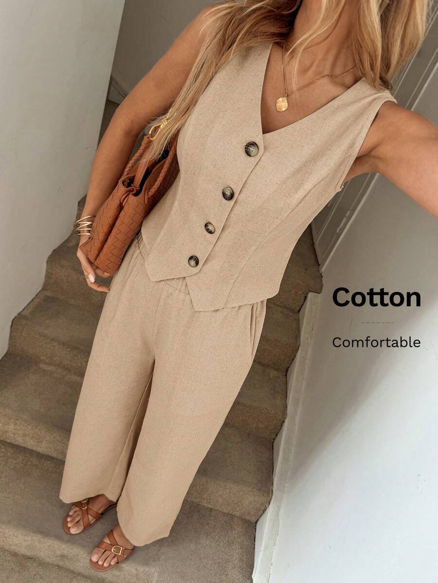 Easowa V 领不对称下摆纽扣前开无袖衬衫上衣和拉链门襟斜口袋直筒裤棉麻休闲度假优雅女士两件套 - 駝色 - 查看 1