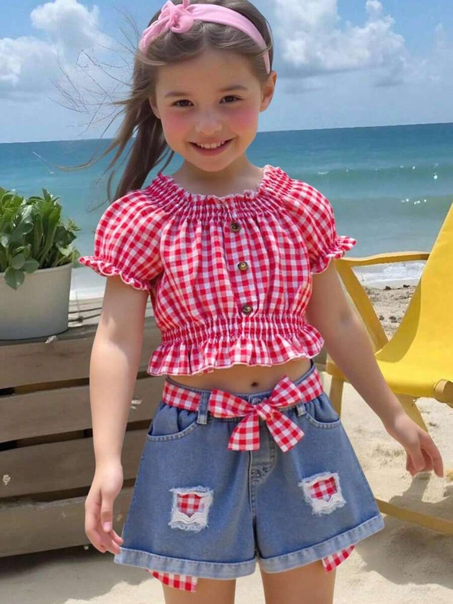 Young GirlRed Plaid Ruffle Trim Top & Denim Patchwork Shorts 2-Piece Set, Chic Casual Outfit For Street, Date, Dinner, Summer - Red - View 1