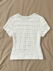 SHEIN LUNE 女式纯色圆领短袖荷叶边下摆休闲T恤，夏季 - 杏色 - 查看 2