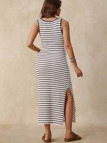 SHEIN 孕妇夏季休闲条纹工字背开衩连衣裙 - 黑與白 - 查看 2