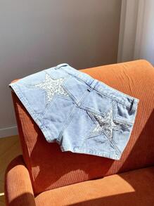 Comfortcana 女士豹纹星星口袋休闲百搭俱乐部女士性感牛仔短裤，乡村音乐会，返校季