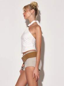 MUSERA Halterneck Metal Trim Detail Fitted Longline Sleeveless Top Summer Vacation 90's Streetstyle Festival Holiday Elegant Sexy Cute