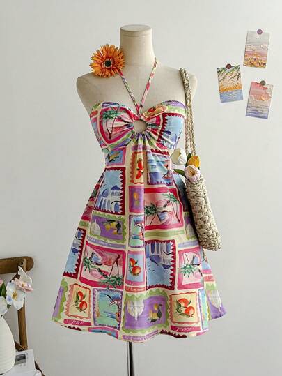Soleia Vestido bohemio de playa de las mujeres con estampado multicolor de paisaje marítimo, cuello halter, cintura con cordón hueco, contraste de color, adecuado para fiestas, vacaciones, festivales de música, citas de vacaciones, meriendas, playas