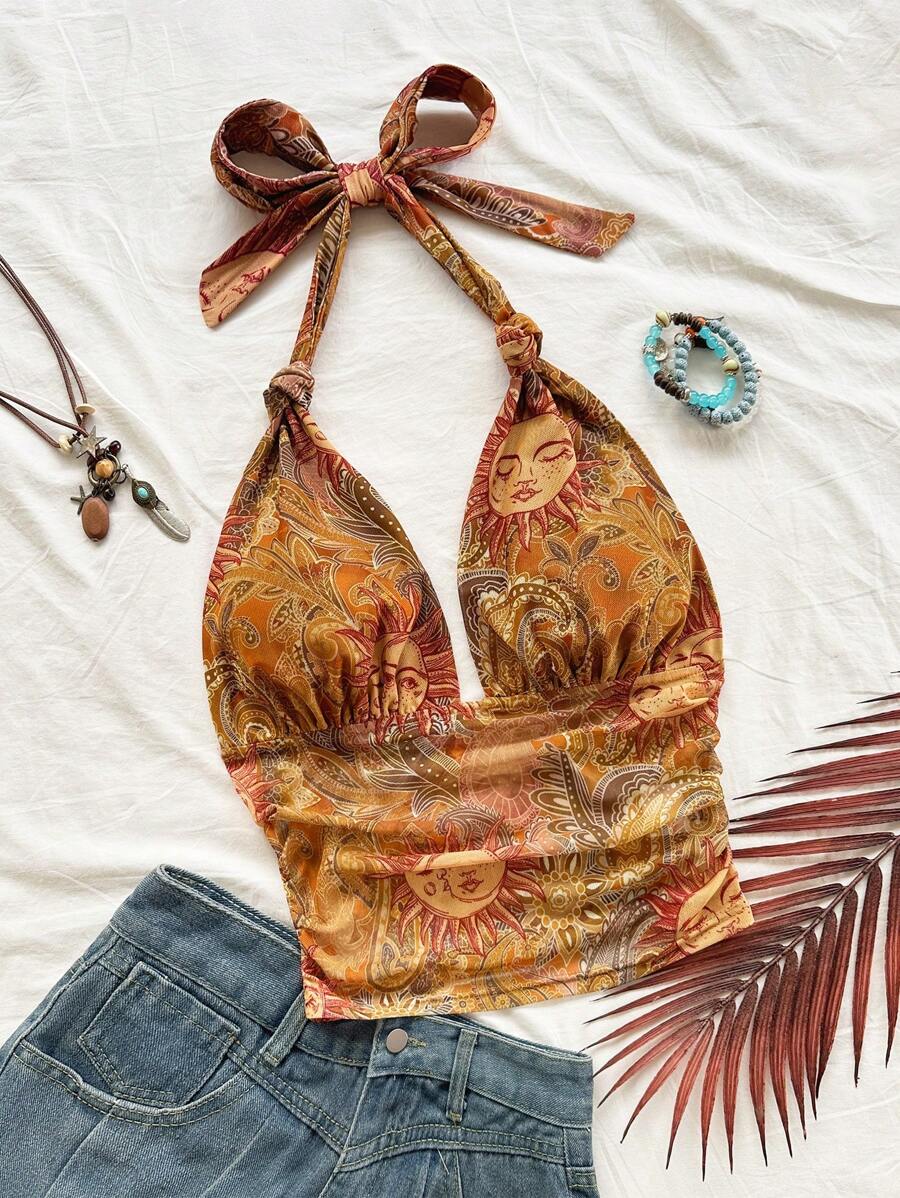 Soleia 女士节日针织网眼复古印花露背 V 领蝴蝶结网眼褶皱浪漫背心，适合约会、音乐节、性感、派对、海滩巡游、复活节、狂欢节、下午茶 - 彩色 - 查看 1