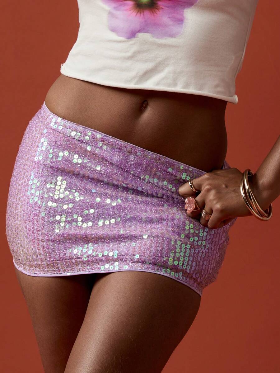 MISSGUIDED Jupe mini à paillettes pour soirée, festival, club, danse, performance. Moulante étincelante, irisée, pailletée, tenue de soirée - Parme - Voir 1