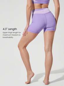 GLOWMODE 4.3" FeatherFit™ Winning Streak Sweat Wicking Buttery Soft Stretchy Anti-Slip Colorblock Waist Biker Shorts Low Impact Yoga Pilates Barre Studio Daily Casual Wear - Lilac Purple - View 2