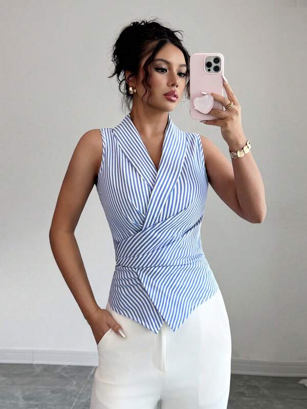 SHEIN Tall Women's Summer New V-Neck Striped Casual Slim Fit Sleeveless Blouse (Random Print)