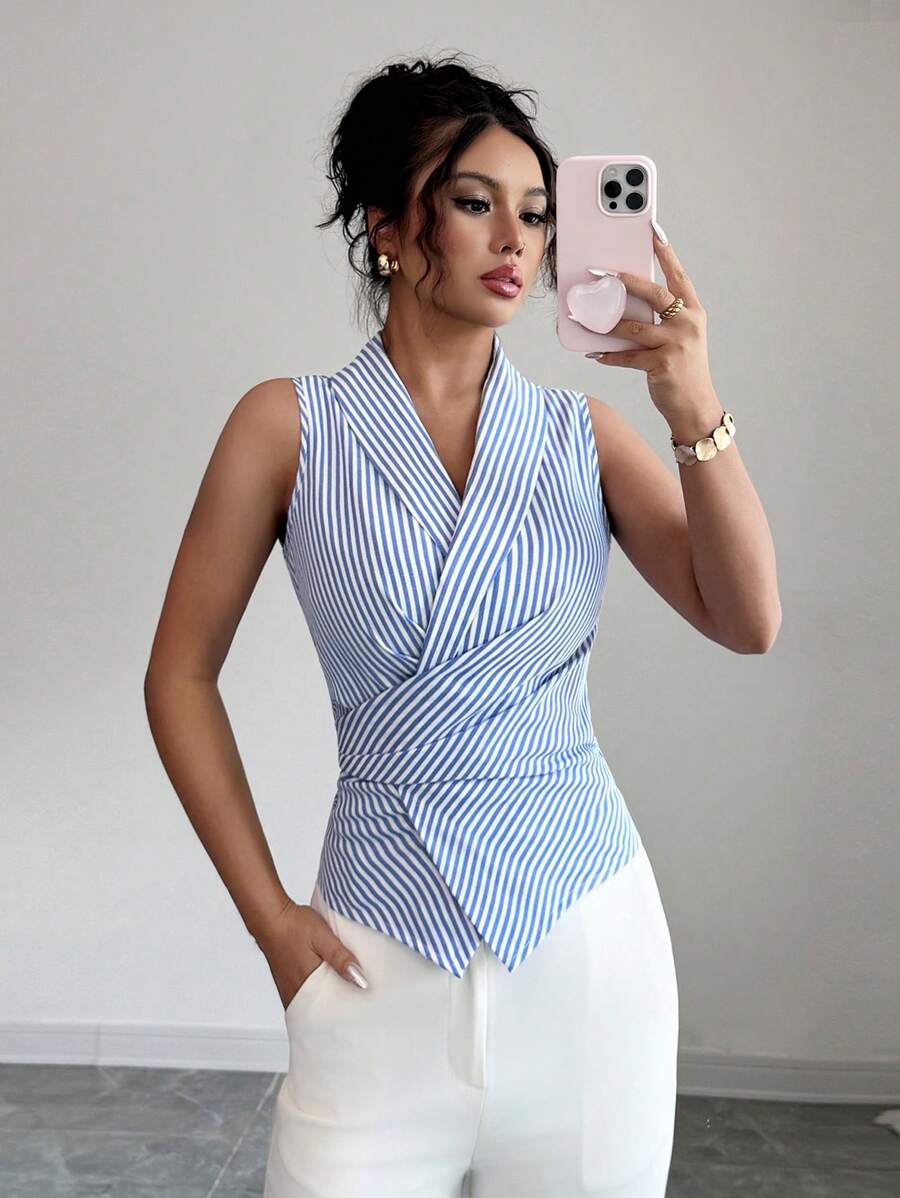 Selianne 女装夏季新款V领条纹休闲修身无袖衬衫（随机印花） - 藍白色 - 查看 1