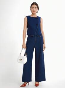 Daynim 女式无袖双排扣牛仔背心夹克 - 中等水洗藍 - 查看 3