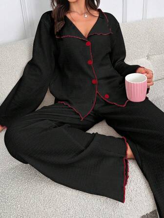 Dam Enfärgad Långärmad Enkelknäppt Nattplagg Topp Och Byxor Svart Pyjamasset Dam Tvådelat Pyjamasset Dam Pyjamasset Med Knäppning Dam Pyjamasset Svart Pyjamasset, Höstkläder