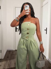 INAWLY جمبسوت واحدة قطن مغسول ومطاوع باللون الأخضر