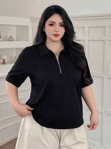 Dazy Plus Camiseta de manga corta con cuello liso y cremallera, ajuste holgado, tops de estilo universitario para el verano