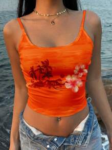 Attitoon Tropical Holiday Style Sunset Orange Island Tie Dye Background, Tropical Floral Placement Print Women Cami Vintage Style, Casual Vacation Style, Sexy Style, Cute Y2K Coconut Girl Boho Music Festival, Suitable For Summer Suitable For Going Out - Multicolor - View 7