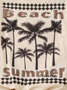 SHEIN 2件套青少年男孩度假休闲棕榈树和字母印花T恤和短裤套装 - 杏色 - 查看 3