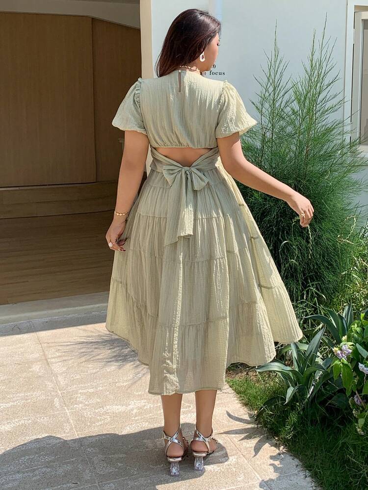 Dazy Plus Textured Fabric V-Neck Puff Sleeve Tie-Back Maxi Summer Dress