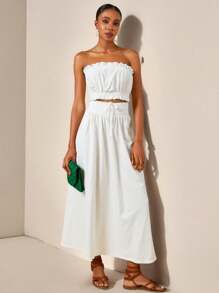 Slaydiva Size Frill Trim Tube Top And Elastic Waist Wide Leg Pants For Summer Leisure