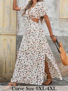 SHEIN VCAY 大码女式 V 领短袖蝴蝶结腰部镂空下摆长裙，豹纹 - 彩色 - 查看 3