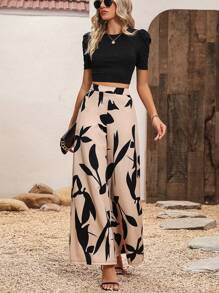 SHEIN PETITE 女式黑色针织紧身上衣和碎花阔腿裤两件套，春夏 - 彩色 - 查看 1