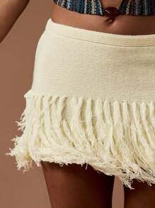 MISSGUIDED 流苏针织迷你裙节日波西米亚风夏季沙滩装钩针度假服池畔度假舞会溜冰流苏时尚服饰 - 杏色 - 查看 6
