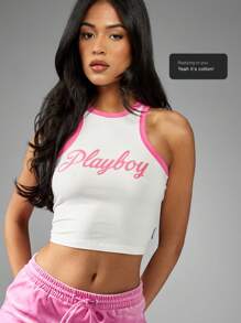 Missguided x Playboy Áo ba lỗ Racer Back Áo crop top cổ yếm tập luyện thể thao Phong cách thể thao Ôm sát mùa hè thường ngày Không tay Phong cách đường phố Y2K Thời trang - trắng - Xem 7
